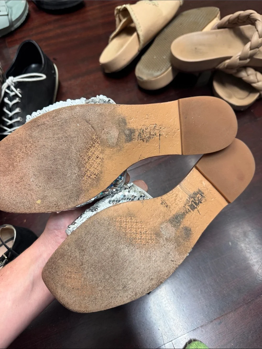 Tory Burch Silver Sequin Slide Mules with Tan Footbed